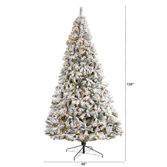 10ft. Pre-Lit Flocked White River Mountain Pine Artificial Christmas Tree, Clear LED Lights